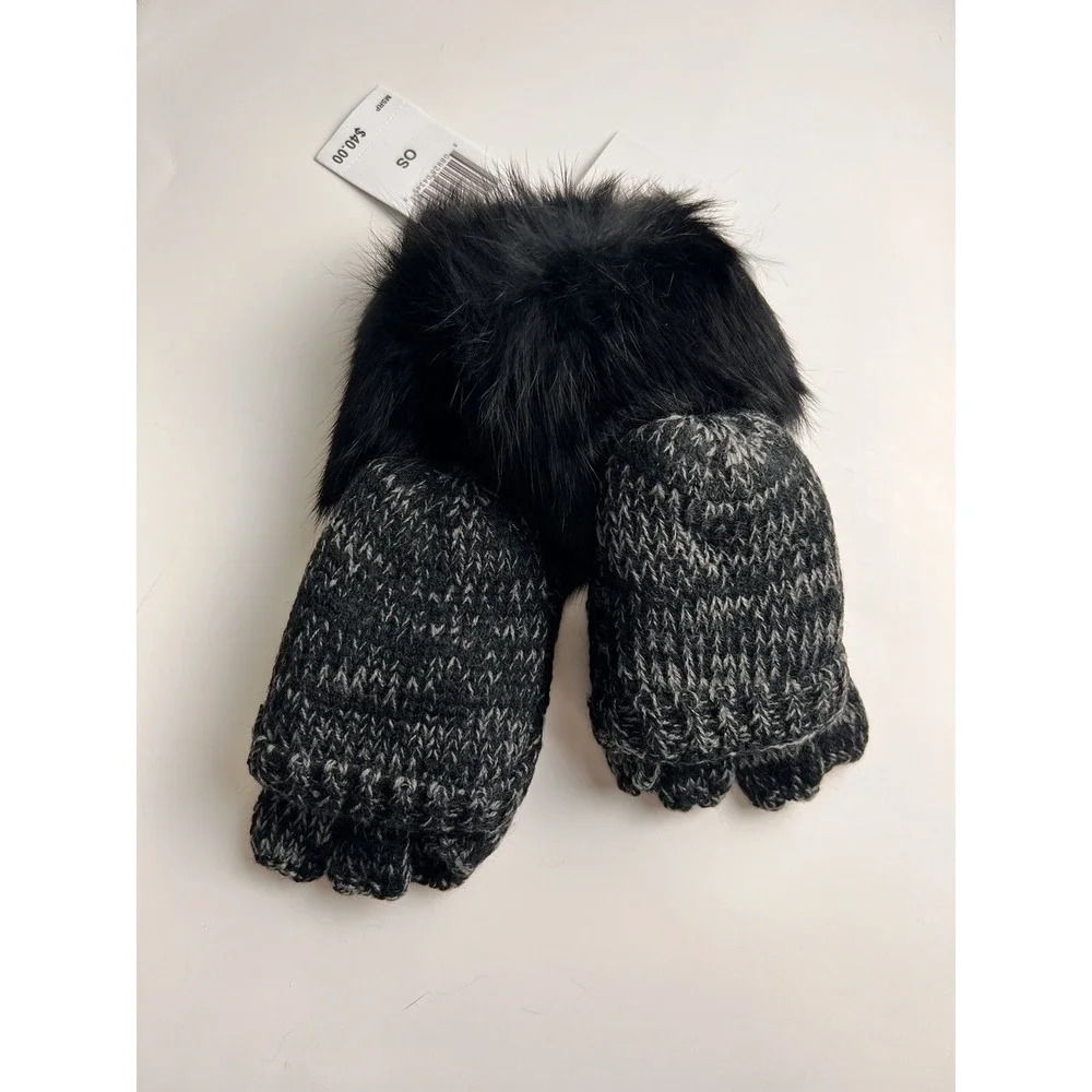 Surell‎ Kids Rabbit Fur Trim Fingerless Gloves Gray Black NWT
